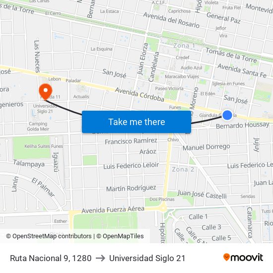 Ruta Nacional 9, 1280 to Universidad Siglo 21 map