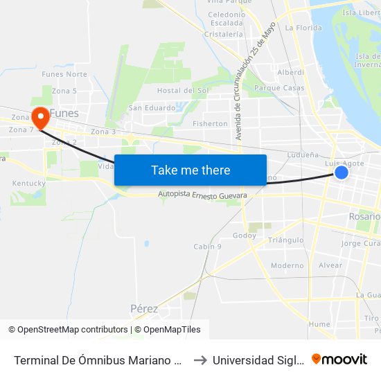 Terminal De Ómnibus Mariano Moreno to Universidad Siglo 21 map