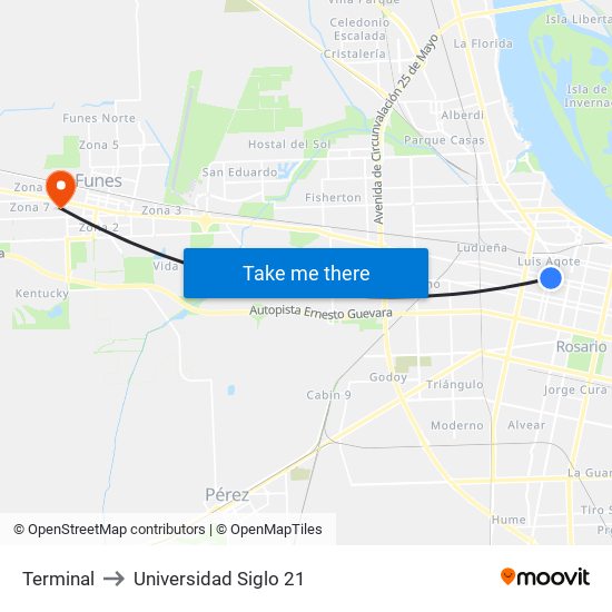 Terminal to Universidad Siglo 21 map