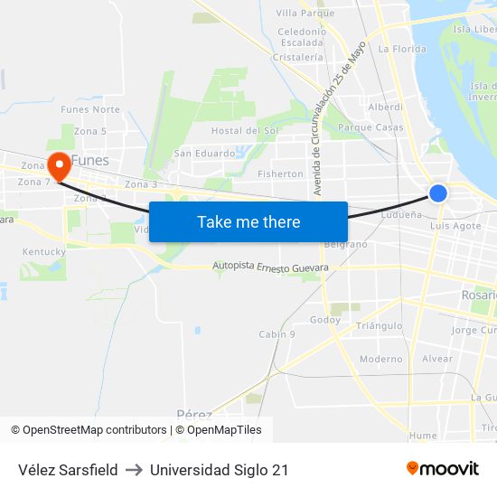 Vélez Sarsfield to Universidad Siglo 21 map