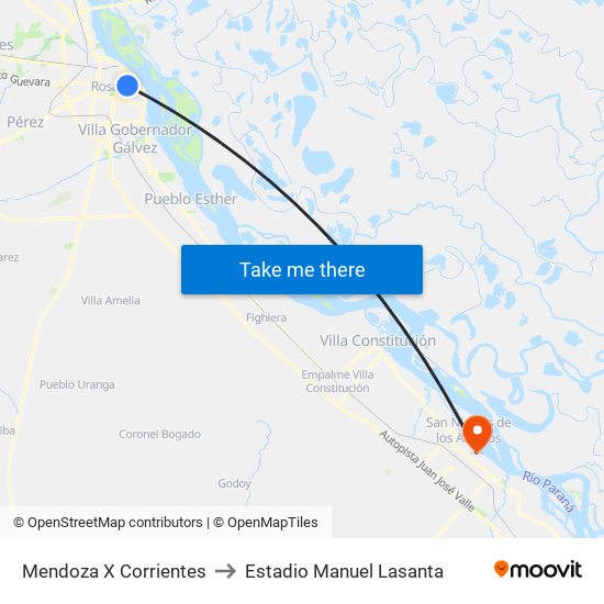 Mendoza X Corrientes to Estadio Manuel Lasanta map
