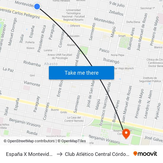 España X Montevideo to Club Atlético Central Córdoba map