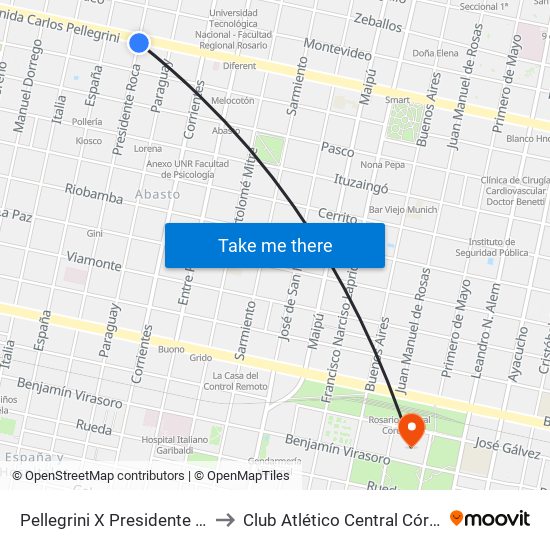 Pellegrini X Presidente Roca to Club Atlético Central Córdoba map