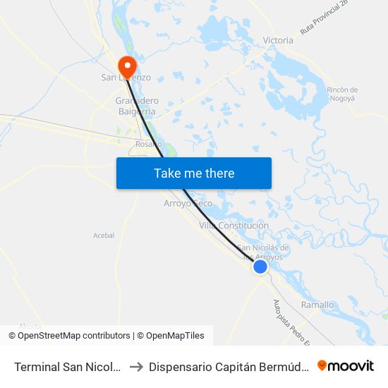 Terminal San Nicolás to Dispensario Capitán Bermúdez map