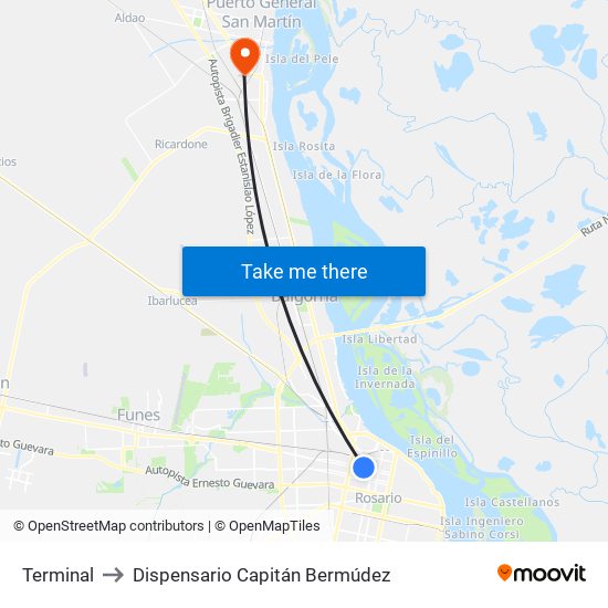 Terminal to Dispensario Capitán Bermúdez map