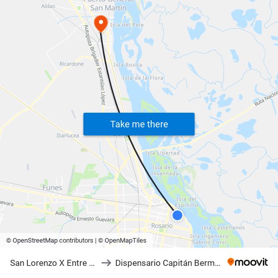 San Lorenzo X Entre Ríos to Dispensario Capitán Bermúdez map