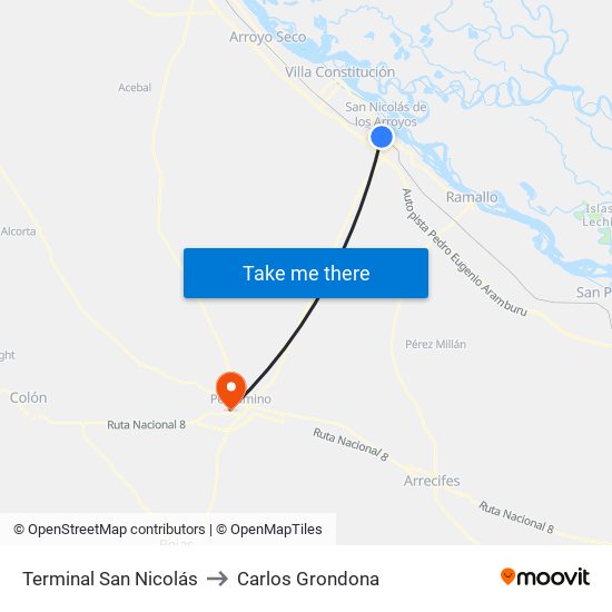 Terminal San Nicolás to Carlos Grondona map