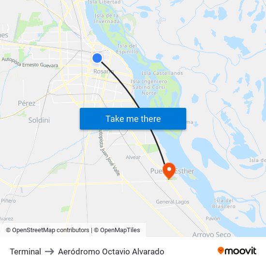 Terminal to Aeródromo Octavio Alvarado map