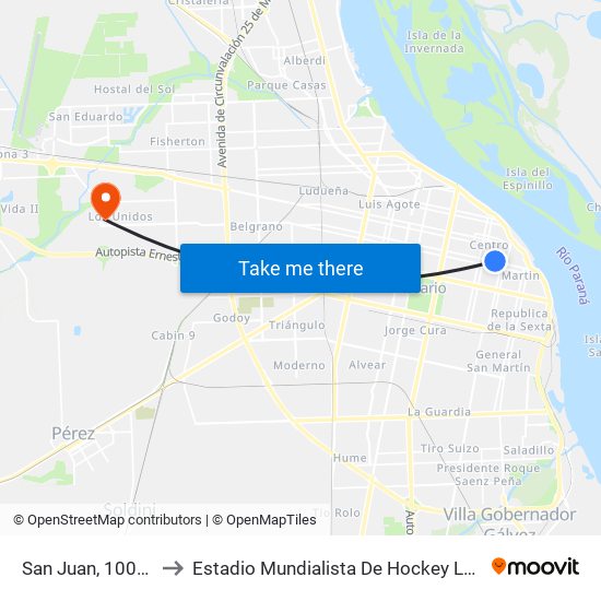 San Juan, 1000-1048 to Estadio Mundialista De Hockey Luciana Aymar map