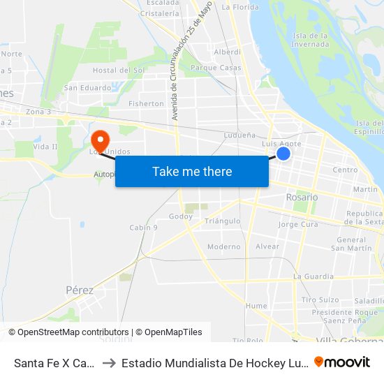 Santa Fe X Cafferata to Estadio Mundialista De Hockey Luciana Aymar map