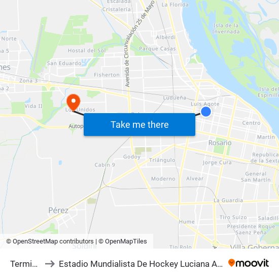Terminal to Estadio Mundialista De Hockey Luciana Aymar map