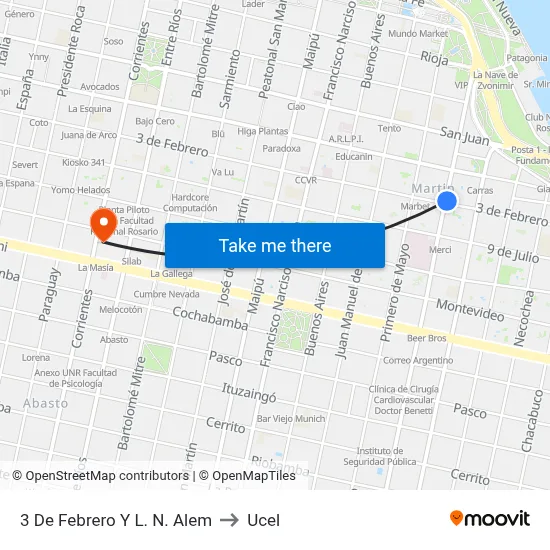 3 De Febrero Y L. N. Alem to Ucel map