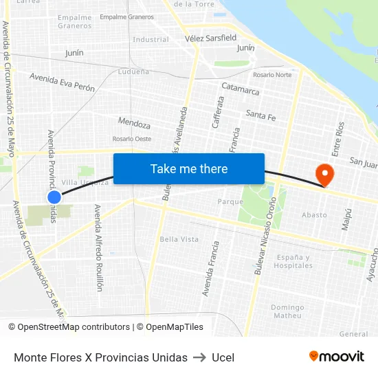 Monte Flores X Provincias Unidas to Ucel map