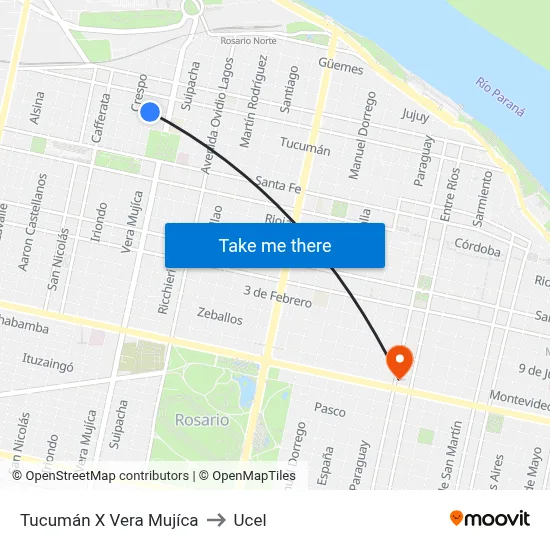 Tucumán X Vera Mujíca to Ucel map