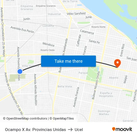 Ocampo X Av. Provincias Unidas to Ucel map