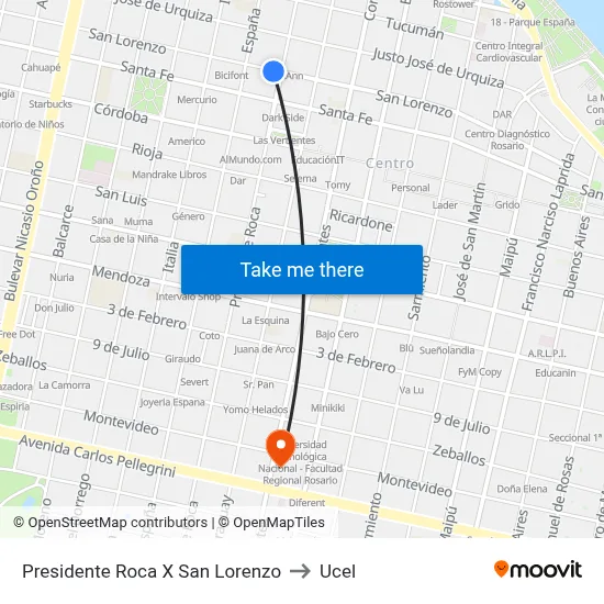 Presidente Roca X San Lorenzo to Ucel map