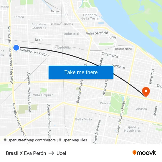 Brasil X Eva Perón to Ucel map