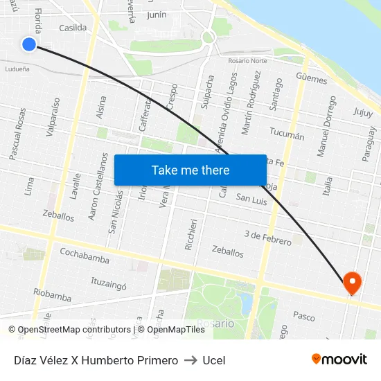Díaz Vélez X Humberto Primero to Ucel map