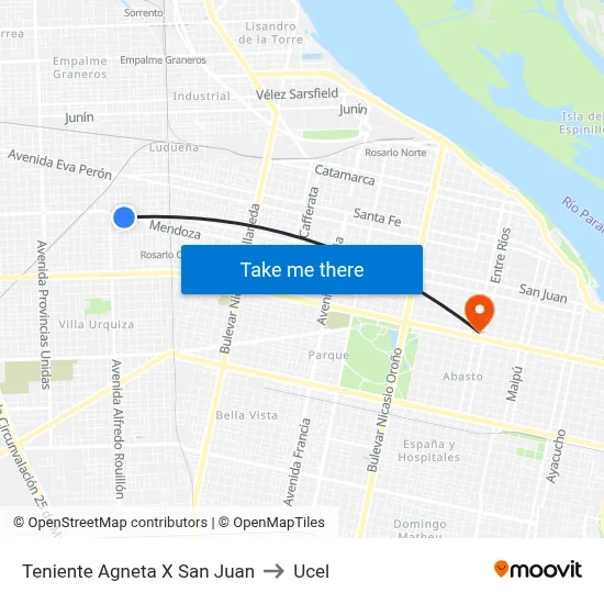 Teniente Agneta X San Juan to Ucel map