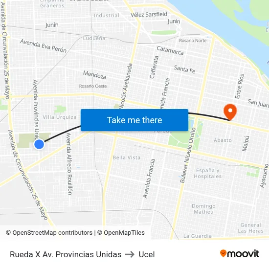 Rueda X Av. Provincias Unidas to Ucel map