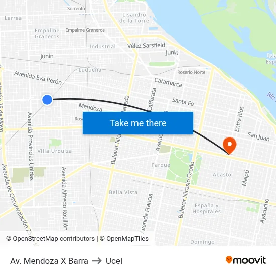Av. Mendoza X Barra to Ucel map