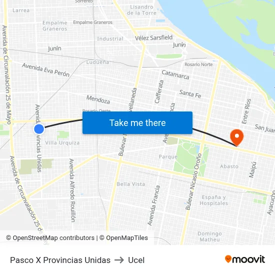 Pasco X Provincias Unidas to Ucel map