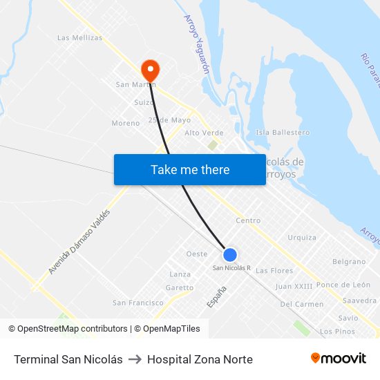 Terminal San Nicolás to Hospital Zona Norte map