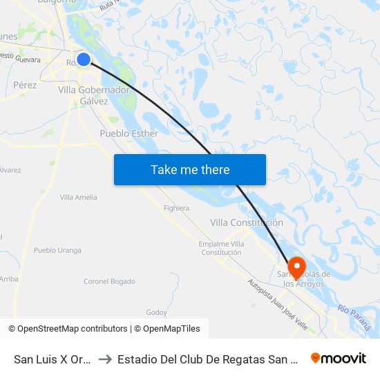 San Luis X Oroño to Estadio Del Club De Regatas San Nicolás map