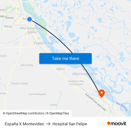 España X Montevideo to Hospital San Felipe map