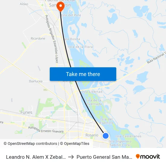 Leandro N. Alem X Zeballos to Puerto General San Martín map