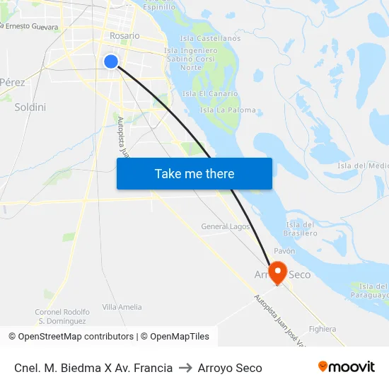 Cnel. M. Biedma X Av. Francia to Arroyo Seco map