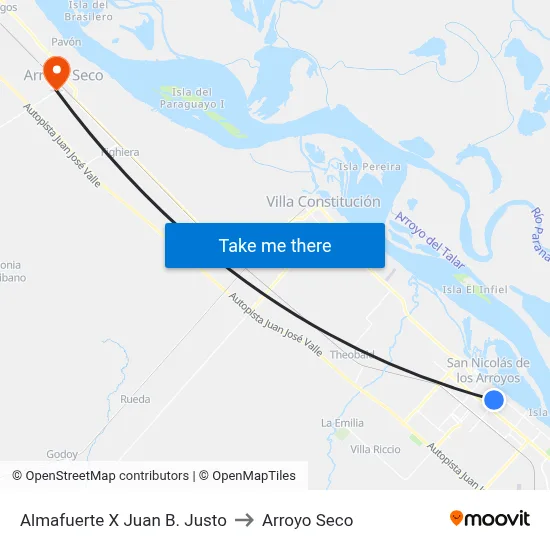 Almafuerte X Juan B. Justo to Arroyo Seco map
