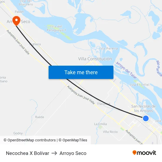 Necochea X Bolívar to Arroyo Seco map