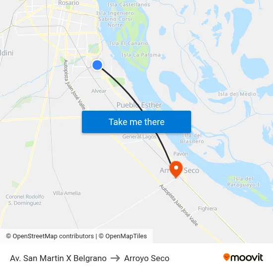 Av. San Martin X Belgrano to Arroyo Seco map