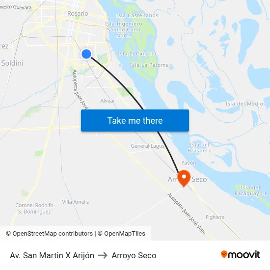 Av. San Martin X Arijón to Arroyo Seco map