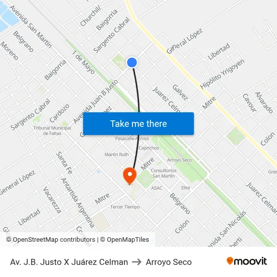 Av. J.B. Justo X Juárez Celman to Arroyo Seco map