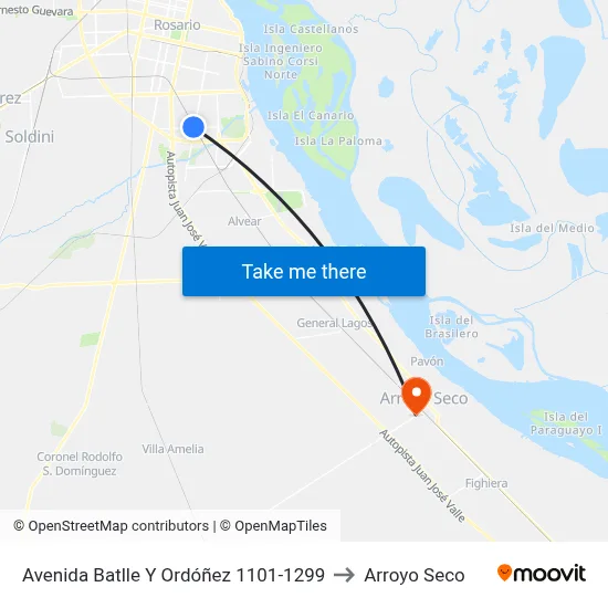 Avenida Batlle Y Ordóñez 1101-1299 to Arroyo Seco map