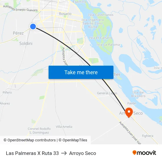 Las Palmeras X Ruta 33 to Arroyo Seco map