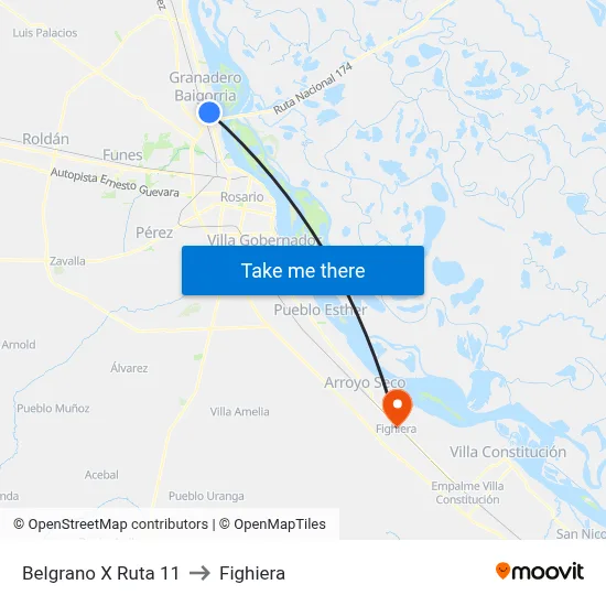 Belgrano X Ruta 11 to Fighiera map