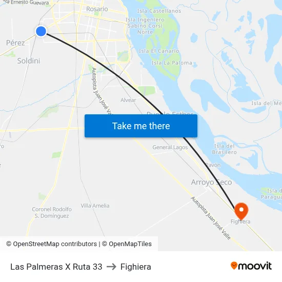 Las Palmeras X Ruta 33 to Fighiera map