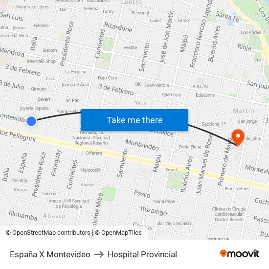 España X Montevideo to Hospital Provincial map