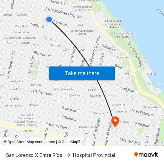 San Lorenzo X Entre Ríos to Hospital Provincial map