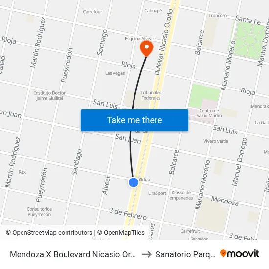 Mendoza X Boulevard Nicasio Oroño to Sanatorio Parque map