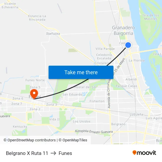 Belgrano X Ruta 11 to Funes map