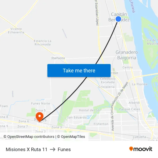 Misiones X Ruta 11 to Funes map