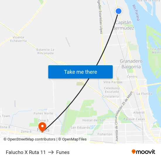 Falucho X Ruta 11 to Funes map