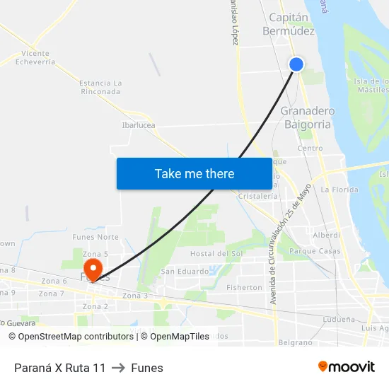 Paraná X Ruta 11 to Funes map