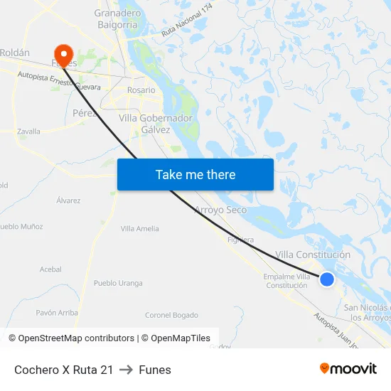 Cochero X Ruta 21 to Funes map
