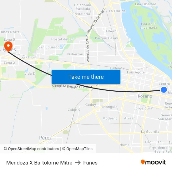 Mendoza X Bartolomé Mitre to Funes map