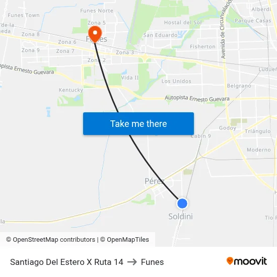 Santiago Del Estero X Ruta 14 to Funes map